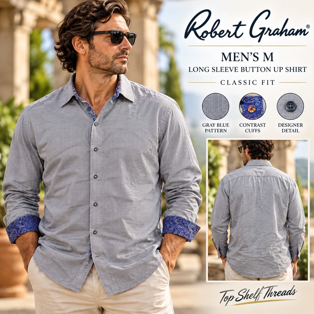 Robert Graham Shirt Men M Gray Micro Print Paisley Flip Cuff Classic Fit Cotton